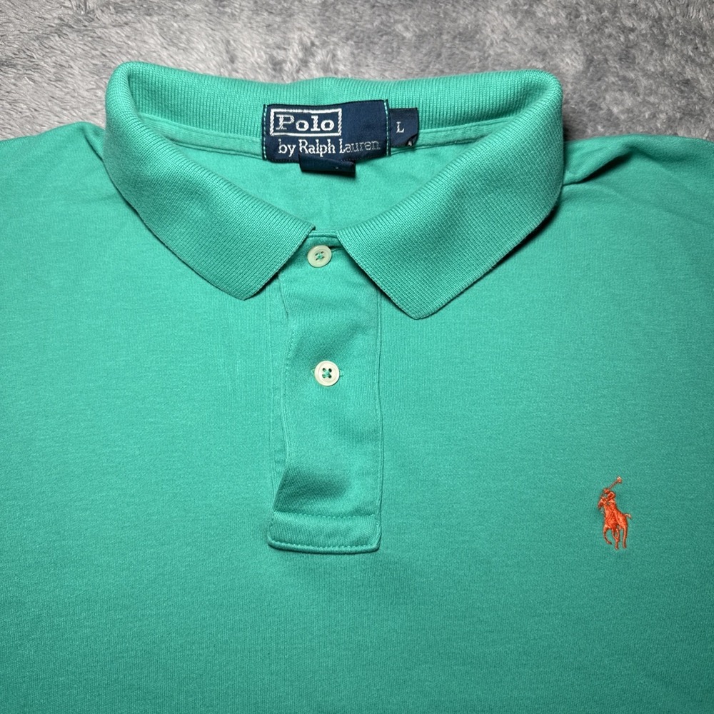 VTG Polo Ralph Lauren Men's SZ Large Green Short Sleeve Shirt Orange Pony